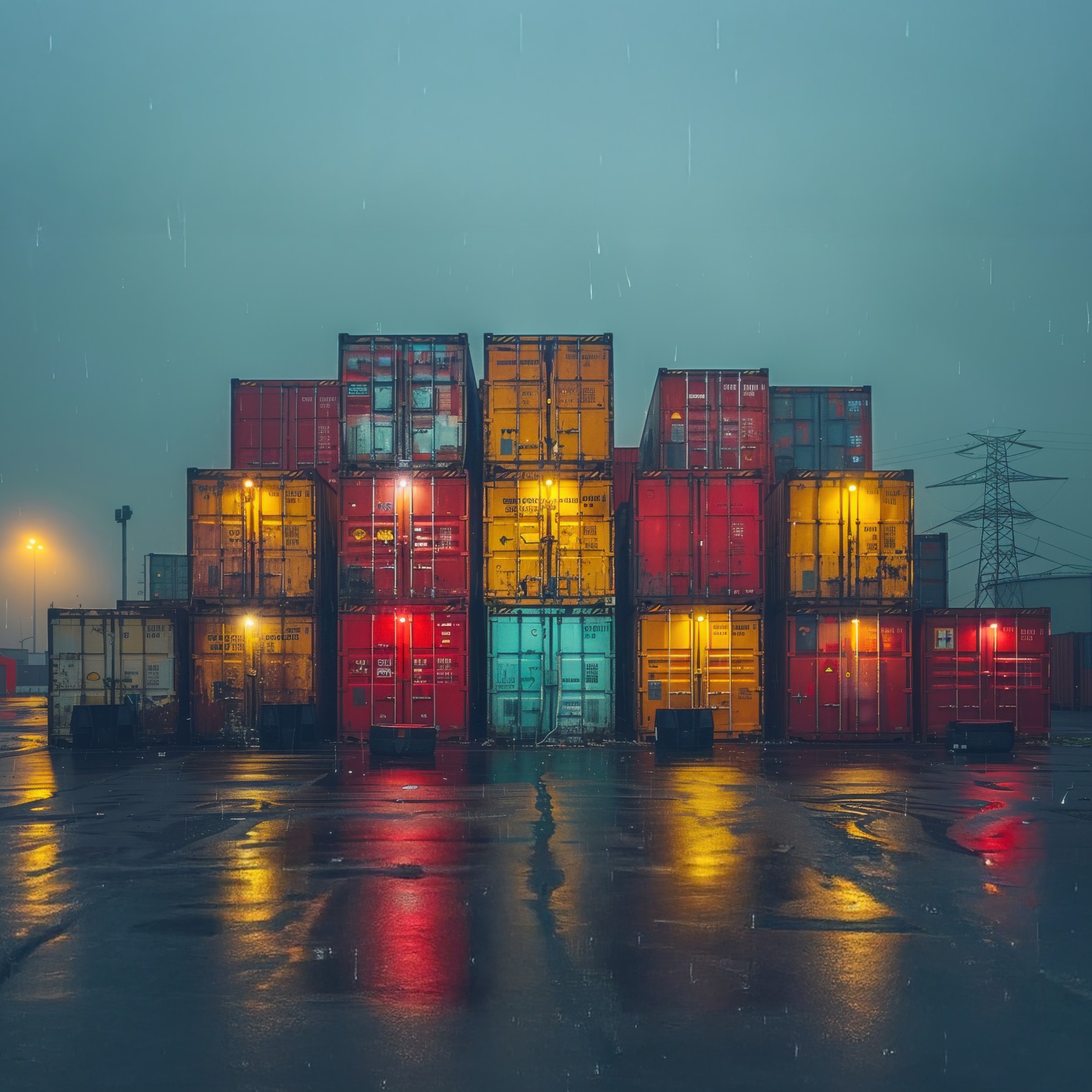 Stacked shipping containers at a wet, illuminated industrial port, symbolizing global container shortage and supply chain disruption.